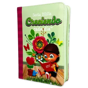 Bible in Spanish for Children Growing Everyday Reina Valera 1960 Compact with Zipper Imitation Leather Pink and Green
