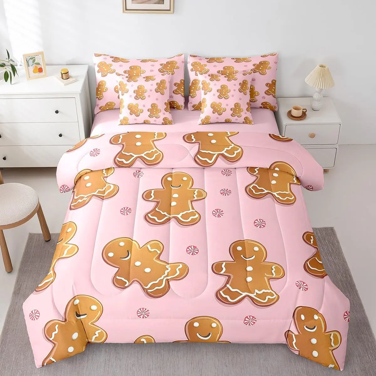 Feelyou 7-Piece Pink Christmas Blanket Bedding Set - Kawaii Gingerbread Man, Winter Magical Snowflakes Design, Soft Cozy Blanket, Bedding Supplies for Kids' Bedrooms