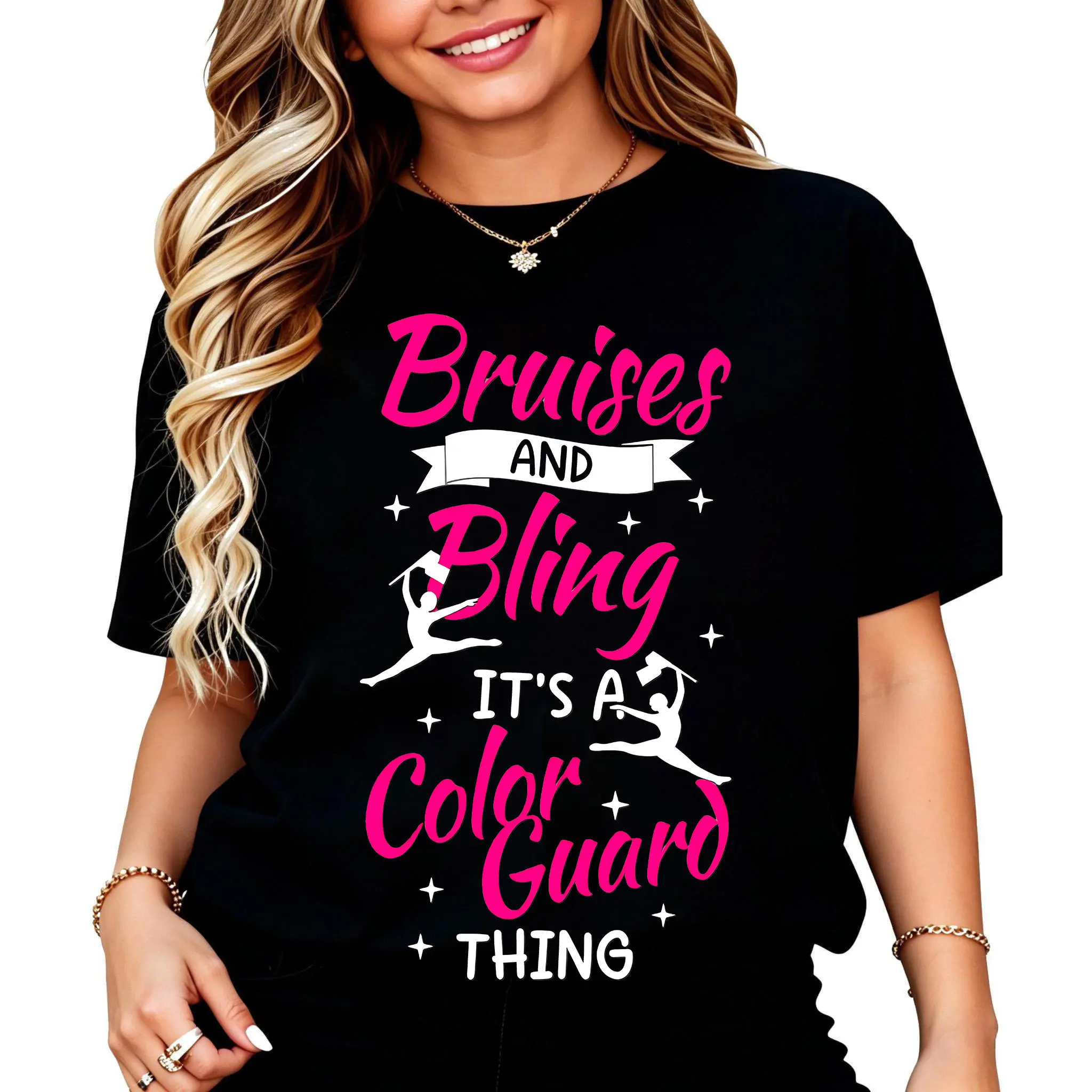 Color Guard Graphic T-Shirt, Unisex "Bruises and Bling" Slogan Prints, Smooth 100% Cotton Casual Short Sleeve Tee