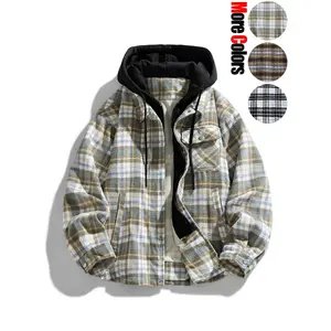 Men's Casual Fashion Loose-Fit Comfortable Windproof Warm Woolen Hooded Jacket Multi-Pocket Versatile Striped Plaid Outdoor Sports Couple's Top Jacket Perfect for Daily Commuting, Hiking, Fishing, and Wilderness Adventures