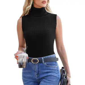 Women's Spring Sleeveless High Neck Mock Neck Ribbed Solid Pullover Tank, Basic Casual Minimalist Womenswear, Apricot, Mock Neck Feature
