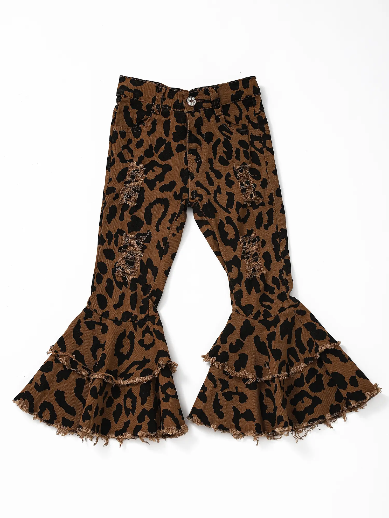 Girls' High Quality Brown Leopard Print Denim Stretchy Soft Pants, Stretchy Flared Bell Bottoms Jeans, High Quality Jeans