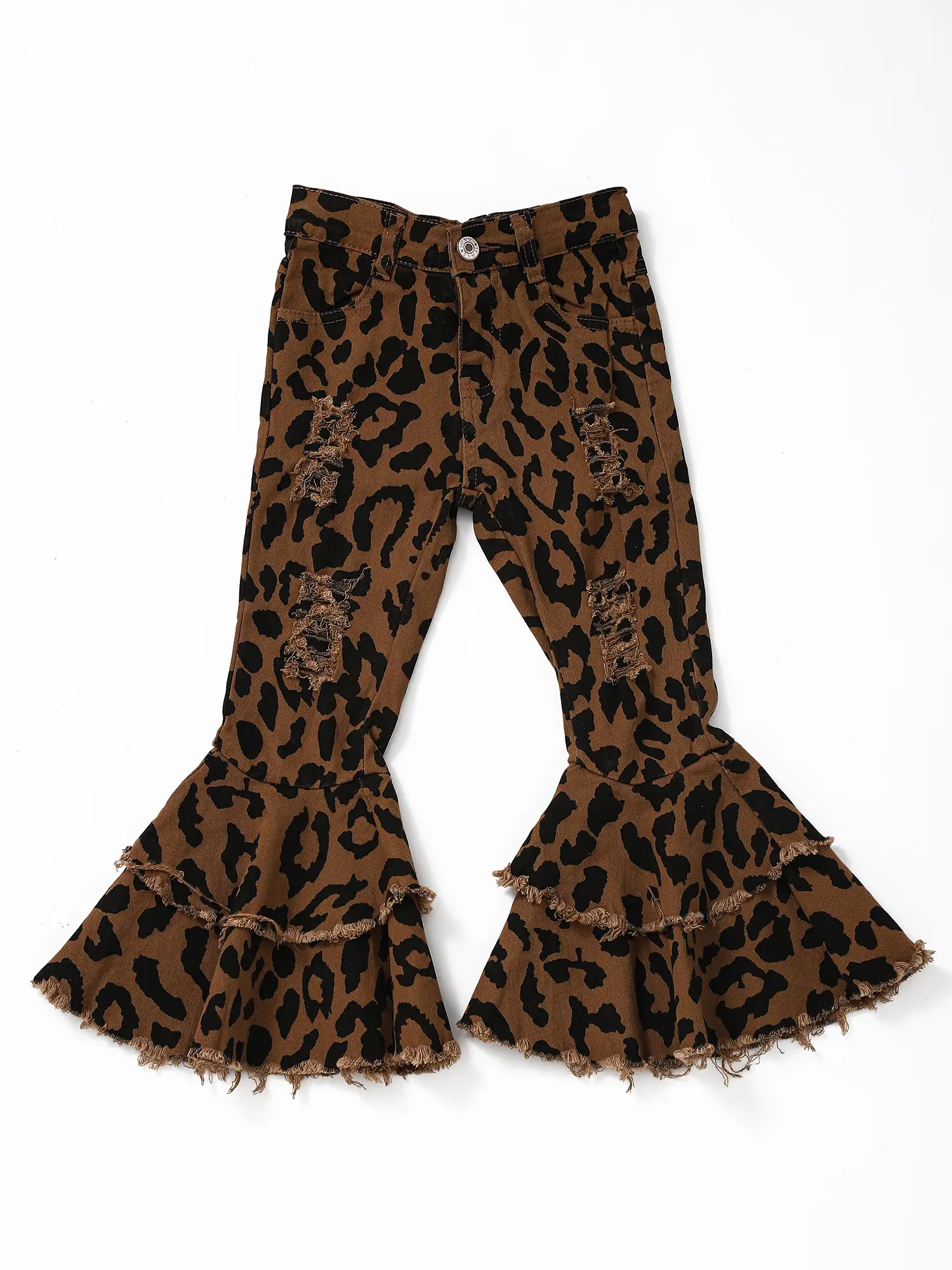 brown leopard Print Denim Stretchy Bell bottoms Girls Jeans