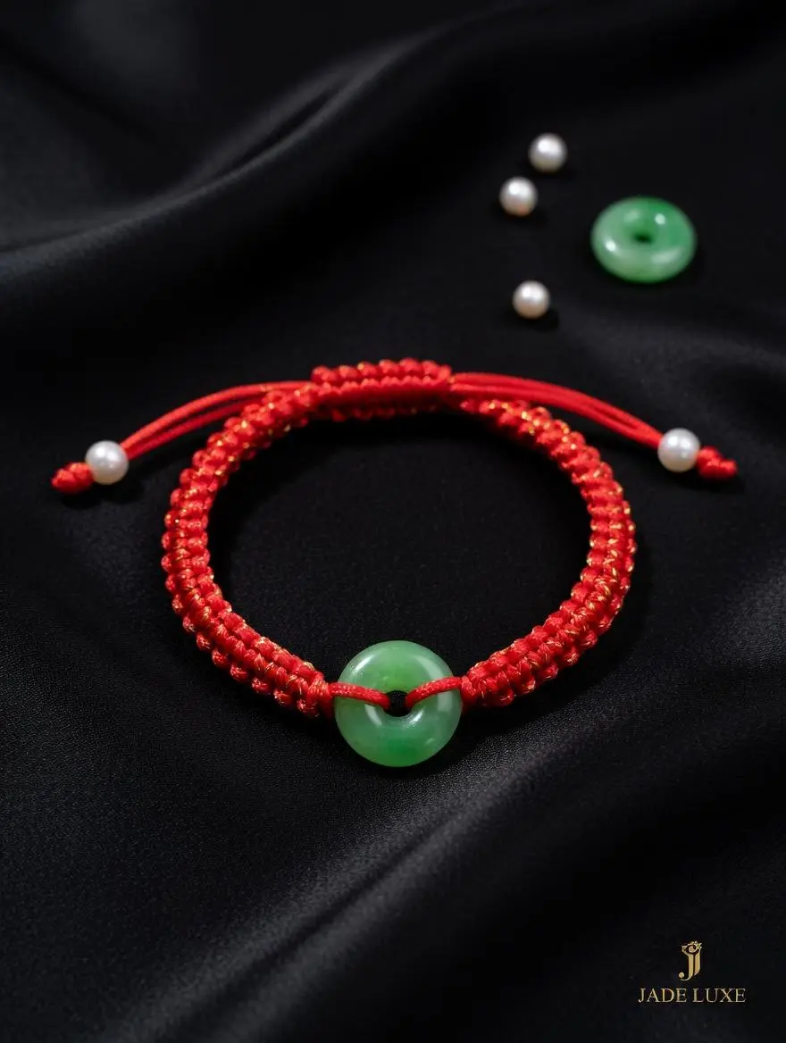 Minimalist Jadeite Pi Disc Bracelet on Braided Red Cord, Classic Jewelry for Adults with Adjustable Sliding Knot, Unisex, Handwoven Cord, Natural, Strength, Balance, Polished Finish, Daily