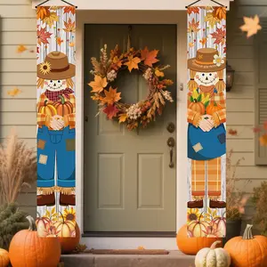 Autumn Porch Decoration Banner Set, Fall Leaf Pumpkin Strawman Design Door Flag, Perfect for Harvest Festival Thanksgiving Home Decor