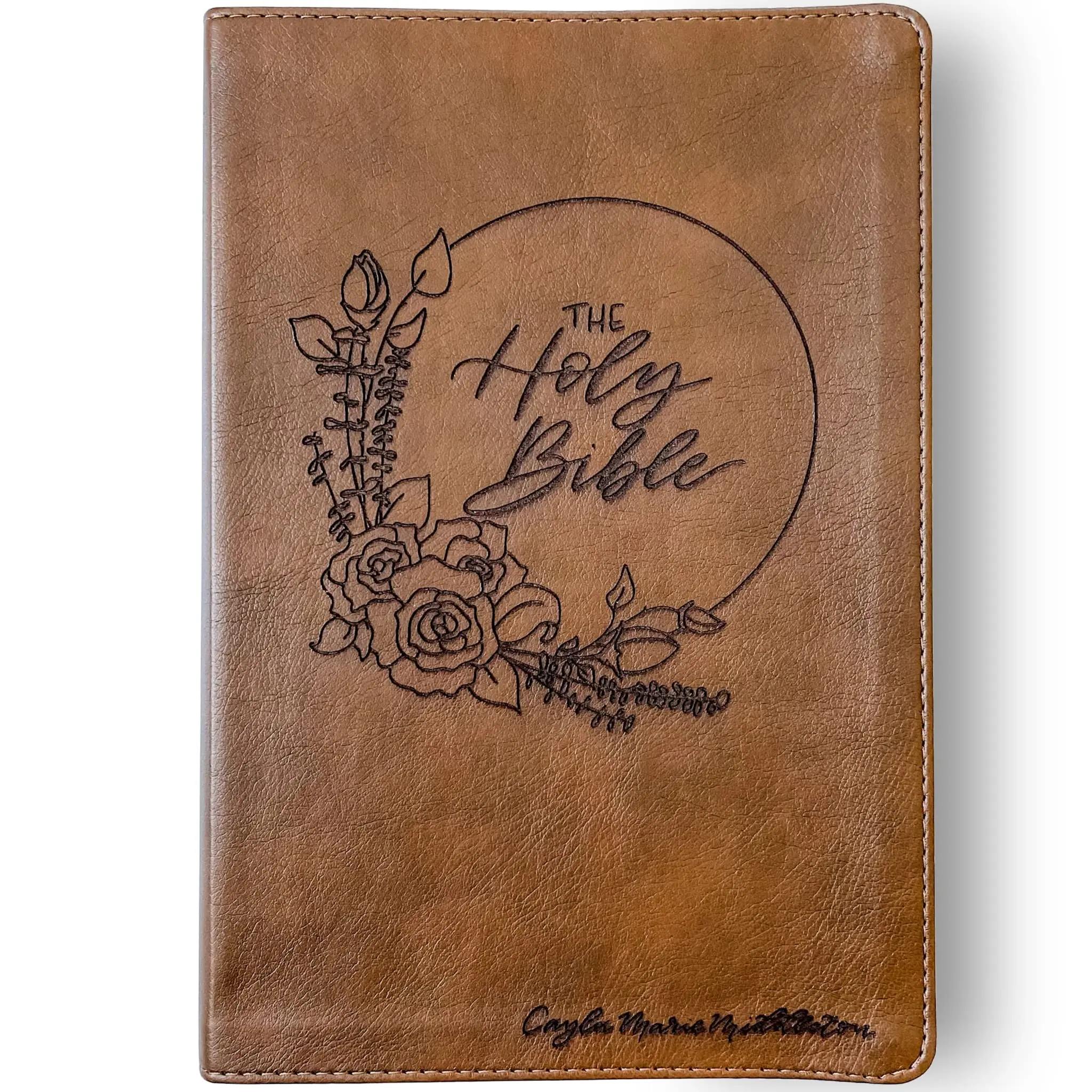 Personalized NLT Large Print Bible - Brown - Holy Bible with Floral Wreath - Hand Lettered and Engraved