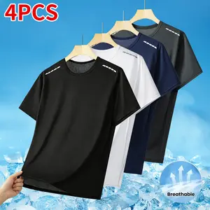 Men's 4-piece set reflective quick-dry breathable lightweight short sleeve - moisture-wicking sports tank top, suitable for gym, running, and everyday wear, featuring a crew neck striped short sleeve design