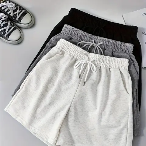 Women's Solid Drawstring Waist Sports Shorts, Casual Fitness Shorts, Casual Pocket Elastic Waist Track Shorts for Running Gym Workout, Ladies Sportswear for Spring