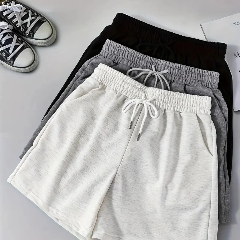 Women's Solid Drawstring Waist Sports Shorts, Casual Fitness Shorts, Casual Pocket Elastic Waist Track Shorts for Running Gym Workout, Ladies Sportswear for Spring