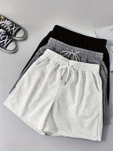 women's solid drawstring waist sports shorts, casual pocket elastic waist track shorts for running gym workout, ladies sportswear for spring, gym clothes, athletic shorts, womenswear bottom, activewear shorts, yoga workout shorts