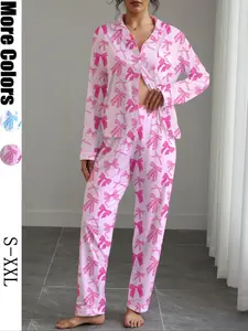 Women's Bowknot Printed Pajama Set Loungewear, Casual Long Sleeve Shirt & Elastic Pants, Soft Stretchy Fabric, All Seasons Comfortable Sleepwear