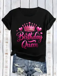 Women'S Plus Size Birthday Queen Graphic T-Shirt - Pink Lettering & Crown Design with Heart Cutouts, Slim Fit Short Sleeve Round Neck Casual Top for Birthday Party Outfits, All-Season Comfort, Mamen'S Plus-Size Black T-Shirt