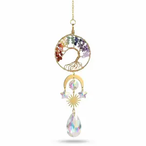 Seven Chakra Tree of Life Sun Catcher 15" — Gold Prism Crystal Mobile Wall Hanging