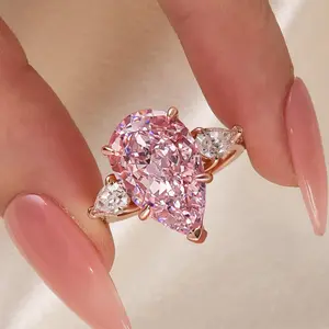 Effinny Jewelry 8.0ct Pink Stone Pear Cut Cubic Zirconia Golden Ring, 925 Sterling Silver Three Tear Drop Promise Ring for Women