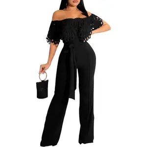 Off Shoulder Jumpsuit for Women High Waist Wide Leg Long Pants Belted Romper Jumpsuits Lace Womenswear Overalls Bridal Chic Elegant Fitted Shortsleeve baggy  jumpsuit party clubwear casual comfy outfit casual pocket sleeveless