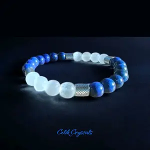 Lapis Lazuli Bracelet AAA Stones Healing Bracelet With Selenite and Stainless Steel Spacers
