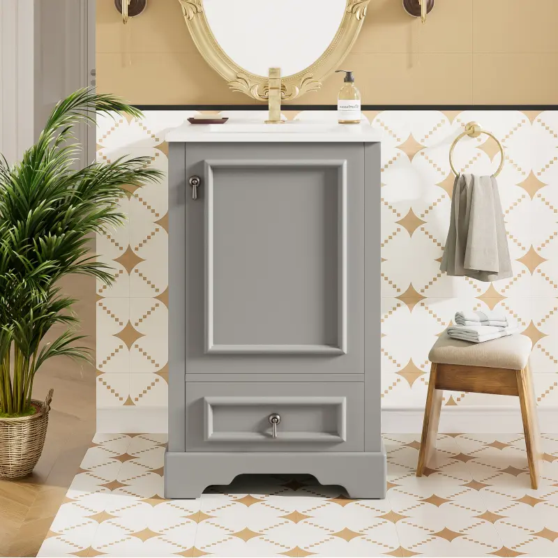 20x18.3x34" Wood Waterproof Bathroom Vanity with Ceramic Sink, Soft-Close Door, Adjustable U-Shaped Shelf, Compartment Drawer, Door Storage Rack, Sturdy Build, Modern Space-Saving Design, Assembly Required