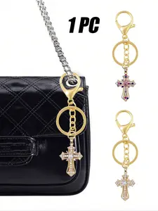 Vintage Cross Rhinestone Keychain Bag Charm, Religious Cross Car Pendant, Elegant Diamond Keyring, Craft Art Style Key Chain, Keychain Accessory