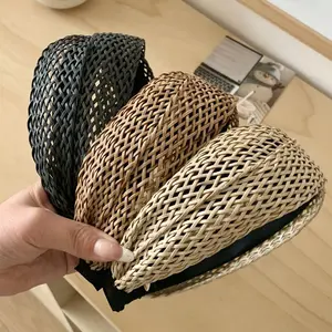 2PCS Summer Fresh Resort Style Straw Braided Knotted Cross Headband Handcrafted Weave with High Crown to Flatter Face Shape Wide-Brimmed Headband
