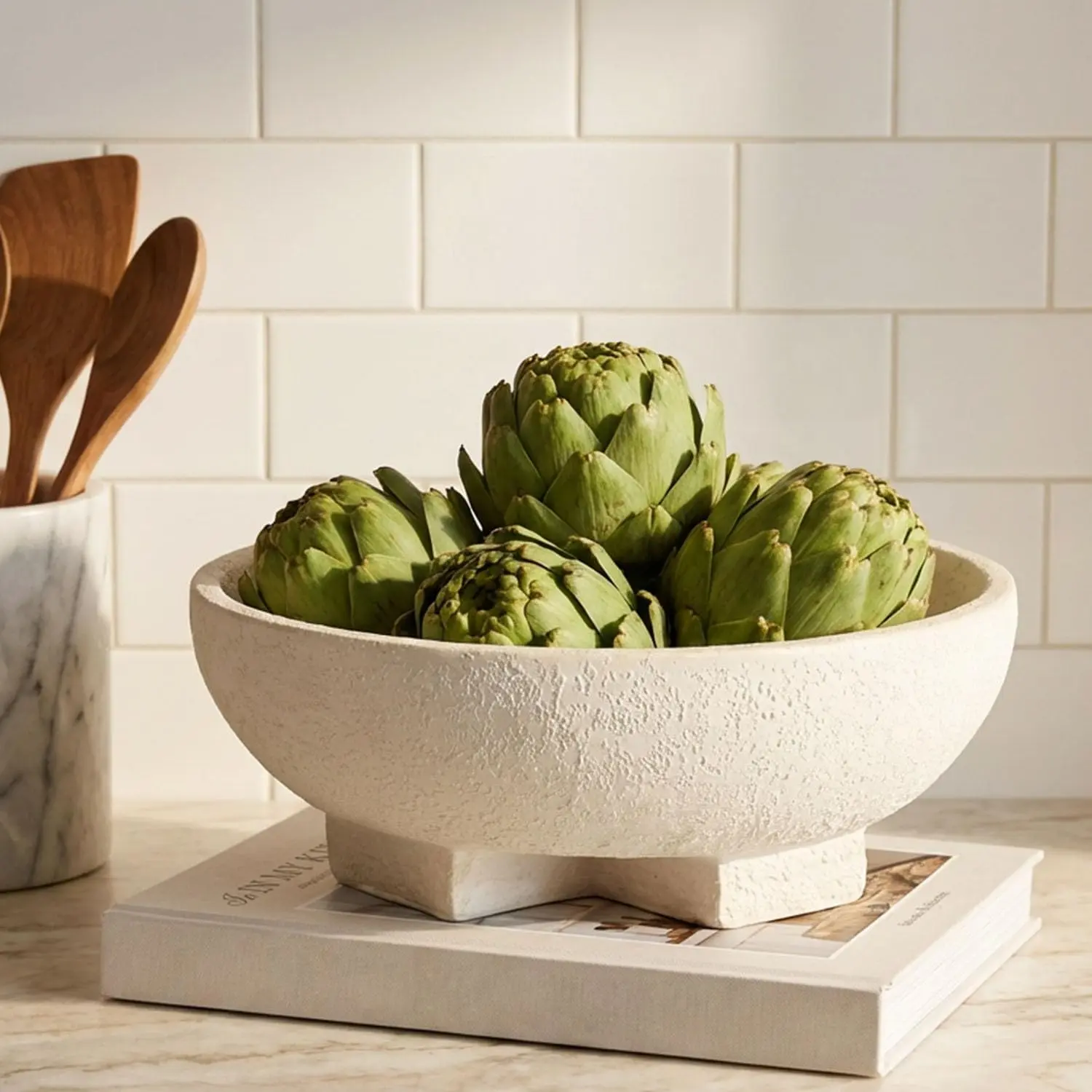Large Decorative Bowls, Beige White Decorative Fruit Bowl for Kitchen Counter, Resin Pedestal Entryway Key Bowls for Home Decor, Modern Coffee Table Bowl for Purse, Candy, Jewelry