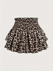 Leopard print ruffled waist tiered ruffle layered mini skirt - Chic Y2K retro A-line flared skirt, women's daily casual elegant style