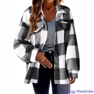 Women's Plaid Print Button Front Fuzzy Coat, Casual Drop ShoulderﾠLong Sleeve Collared Outerwear for Fall & Winter, Ladies Clothes for Daily Wear quilted jacket polyester burnt orange parke overcoat women trench coat outfits skylar gwendolyn coats