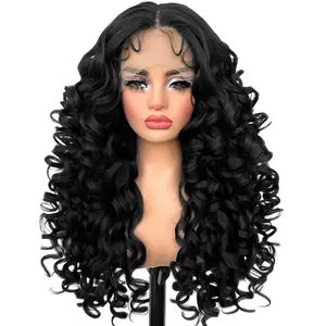 SOKU Long Curly Synthetic Wig 22 Inch Pre Plucked T Part Glueless Lace Front Wig for Women Heat Resistant Fiber Adjustable Cap