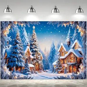 Christmas Town Pine Trees Snow Scene Photography Backdrop Durable Polyester Festive Wall Hanging for Room Living Room Outdoor Decor Carnival Theme Suitable for Christmas New Year Winter Ornaments Decoration