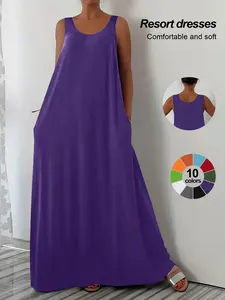 2026 Plus Size Wide Shoulder Strap Casual Dress with Pockets, Comfortable and Stylish, Perfect for Everyday Wear, Women's Fashion