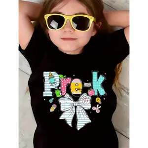 SHOWTLY Brand, Girl's T-shirt, Prek Letter Print, School Doodles Pattern, Apple Pencil Scissors Design, Comfortable and Soft, Round Neck, Casual and Fashionable, Suitable for Daily Activities/kids Clothes Girls (3-13Y)