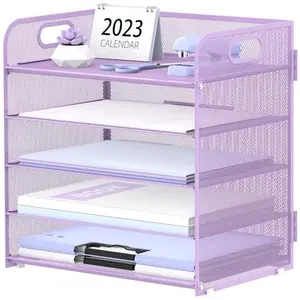 5 Tier Paper Organizer Letter Tray with Handle-Mesh Desk File Organizer, Purple Paper Sorter Desk Organizer for Office, Home or School