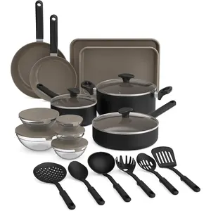 Kitchen Set with Ceramic Nonstick Coating, Dishwasher & Oven Safe, All Stovetops Compatible, Tempered Glass Lids & Cool Touch Handles, Black