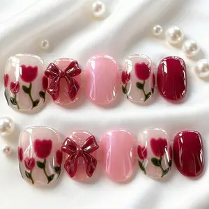 10pcs Press on Nails Hand Painted Tulip Flower Nails, Mauve Pink 3D Bow Design Short Spring False Nails, Cute Spring Nails Daily Wear Set Acrylic False Nail Reusable Easy to Wear for Parties, Daily & Dancing, Nail Art Tool, Nail Art Supplies