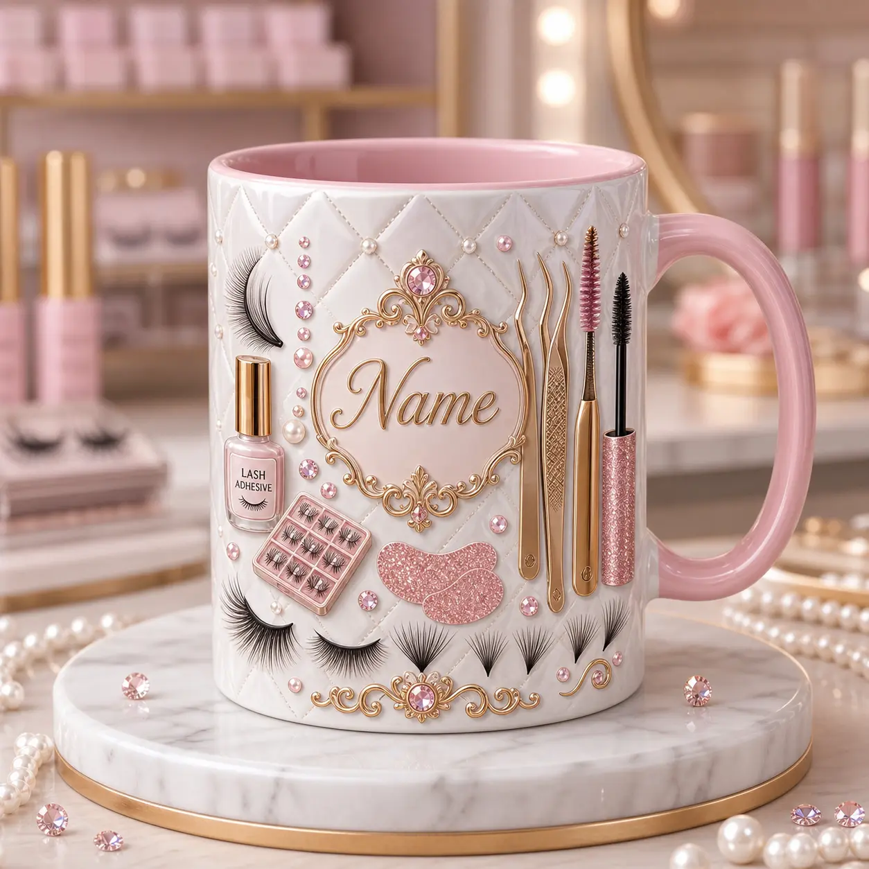 Personalized Lash Artist Mug 2D Printed 3D Effect, Custom Name Pink Ceramic Coffee Cup with Eyelash Tools, Gift for Lash Tech Esthetician Women