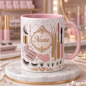 Personalized Lash Artist Mug 2D Printed 3D Effect, Custom Name Pink Ceramic Coffee Cup with Eyelash Tools, Gift for Lash Tech Esthetician Women