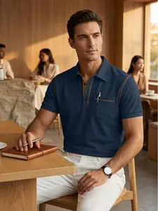Men's Slim-Fit Short-Sleeve Polyester Athletic Polo Tee, Stitch-Enhanced Outdoor Golf Top with Contrast Color Splicing and Pocket