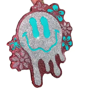 Car Freshie Air Freshener - Dripping Smiley Face with Turquoise and Pink Flowers