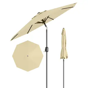9Ft Beige Outdoor Market Patio Umbrella, 8 Sturdy Ribs, Crank Lift & Push Button Tilt, Waterproof UV Protection for Poolside, Deck & Backyard