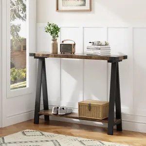 Farmhouse Console Table, 43.3" Entryway Table with Storage, 2 Tier Sofa Table with Metal Frame and MDF, Behind Couch Table for Living Room, Hallway, Entryway (Vintage Brown)