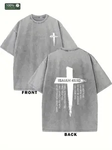 Men's Heavyweight 230G Double-Sided Washed Cotton T-Shirt with Vintage Bible Verses & Cross Print - Anti-Wax Technology, Relaxed Fit Short Sleeve Religious Apparel, Durable Casual Wear for Church, Bible Study & Outdoor heavyweight pure cotton t-shirt vint