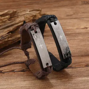 Spanish Lord's Prayer Leather Bracelet, Adjustable Cross Religious Wristband, Vintage Faith Bracelet for Men Women, Casual Everyday Accessory