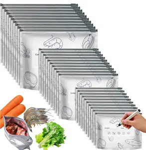 30PCS Reusable Aluminum Foil Food Storage Bags (3 Sizes), Resealable Vacuum Zipper Sealable Pouches with Label, Leak-Proof Stand Up Freezer Bags for Vegetable, Fruit, Meat, BPA Free