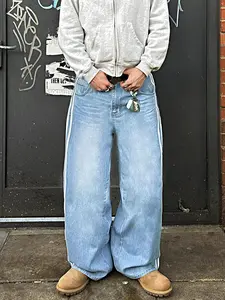 Y2K Trendy Vintage Hip-Hop Men's Jeans, Side Striped Five-Bar Design, Street Retro Denim Jeans, Loose Fit Casual Wear, Relaxed Fit Jeans