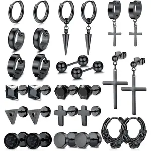 14 Pairs Earrings for Men Black Stud Earrings Stainless Steel Hoop Earrings, Silver Gothic Punk Cross Dangle Earrings Set Jewelry Piercings For Cool Men Women