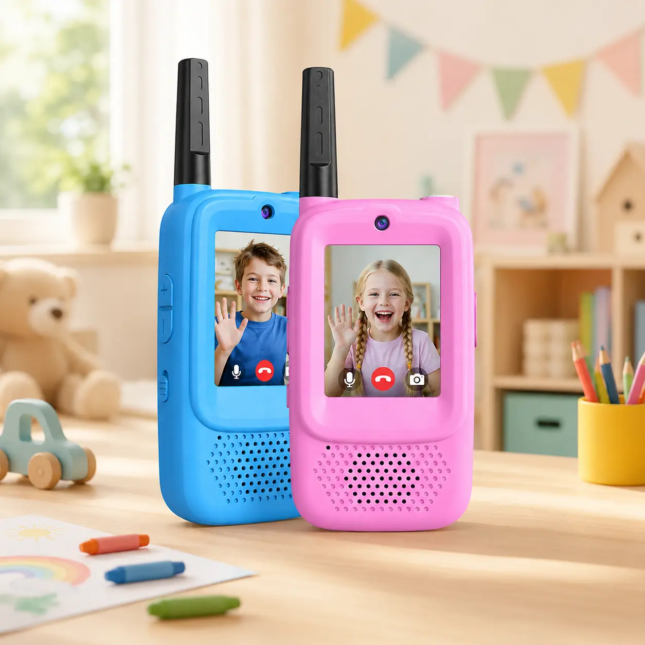 Walkie Talkie for Kids with Video: 2 Pack Rechargeable Toddler Toys with HD Camera & Voice Changer, Long Range Gift Toys for Boy & Girl Age 3-8 for Outdoor Play, Camping (Pink-Blue)