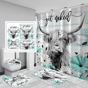 Highland Cow Pattern Bathroom Set, 1 Shower Curtain with 12 Hooks, 1 Toilet Lid Cover, 1 Rectangular Mat, 1 U-shaped Mat, Bathroom Accessories, Shower Curtain Sets