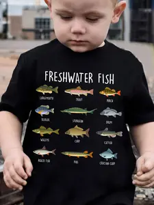 Freshwater Fish Species Chart Kids T-Shirt Educational Fishing Graphic Tee for Boys Girls Casual Short Sleeve Tops