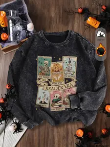 Women's Casual Vintage Wash Halloween Cotton Fitted Pullover Sweatshirt, Round Neck Long Sleeve Fleece Lined Hoodie for Fall Winter Fashion