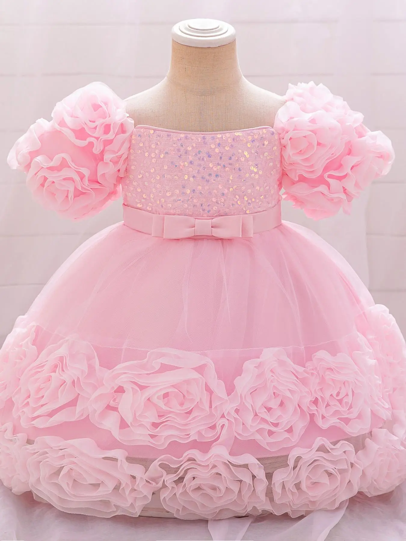 Girl's Sequin & Bow Decor Floral Design Puff Sleeve Formal Dress, Elegant Scoop Neck Zipper A Line Tutu Dress for Party Wedding Guest, Kids Clothes fo