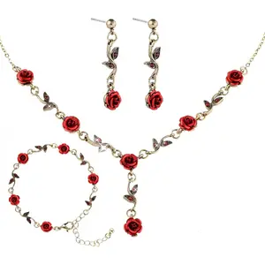 Red Rose Jewelry Set Exquisite Rose Flower Pendant Necklace, Bracelet Dangle Earrings Jewelry Sets for Women Wedding